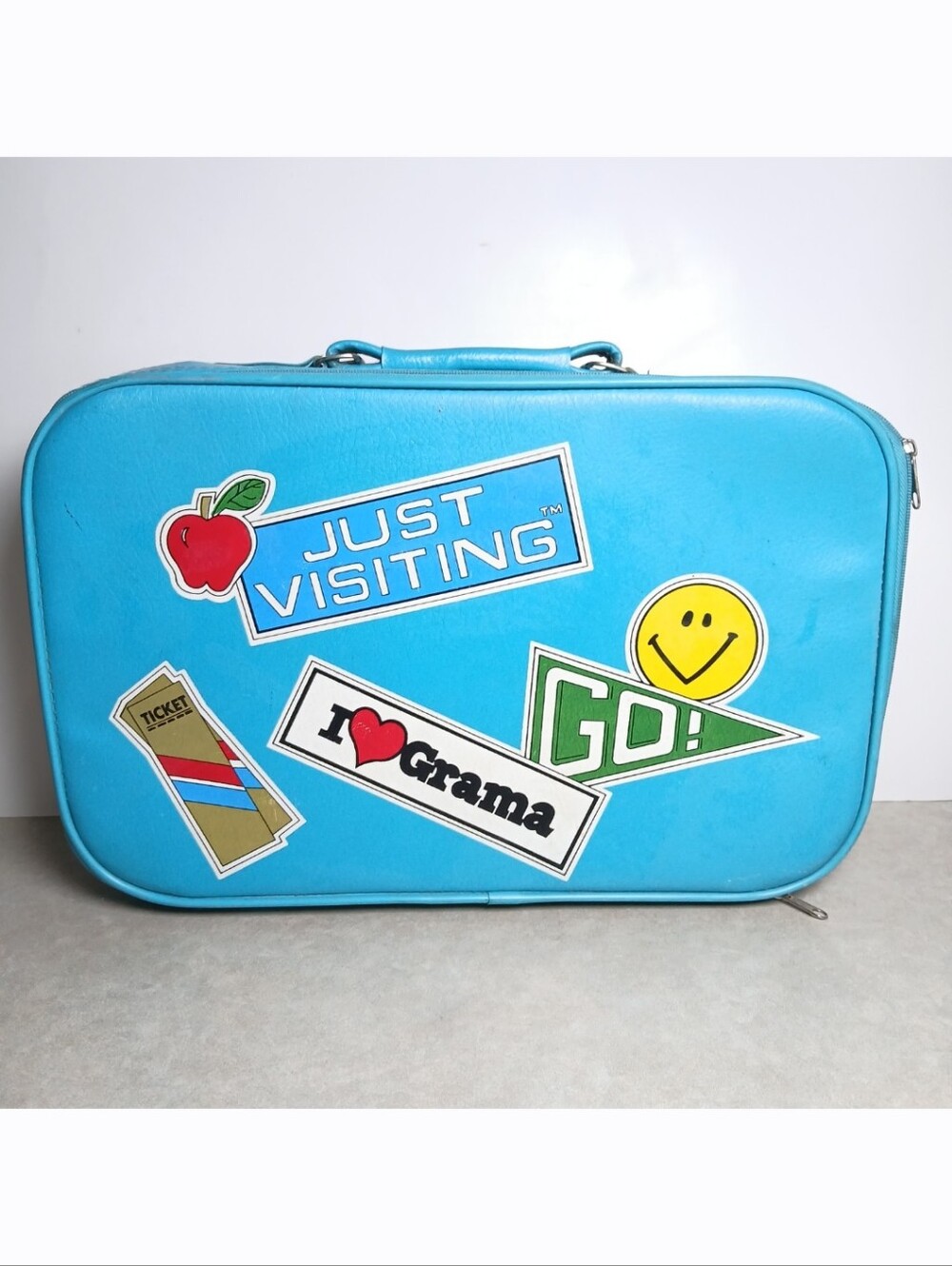 Vintage Childrens Turquoise Blue Suitcase Just Visiting I Love Grandma 17"x11"